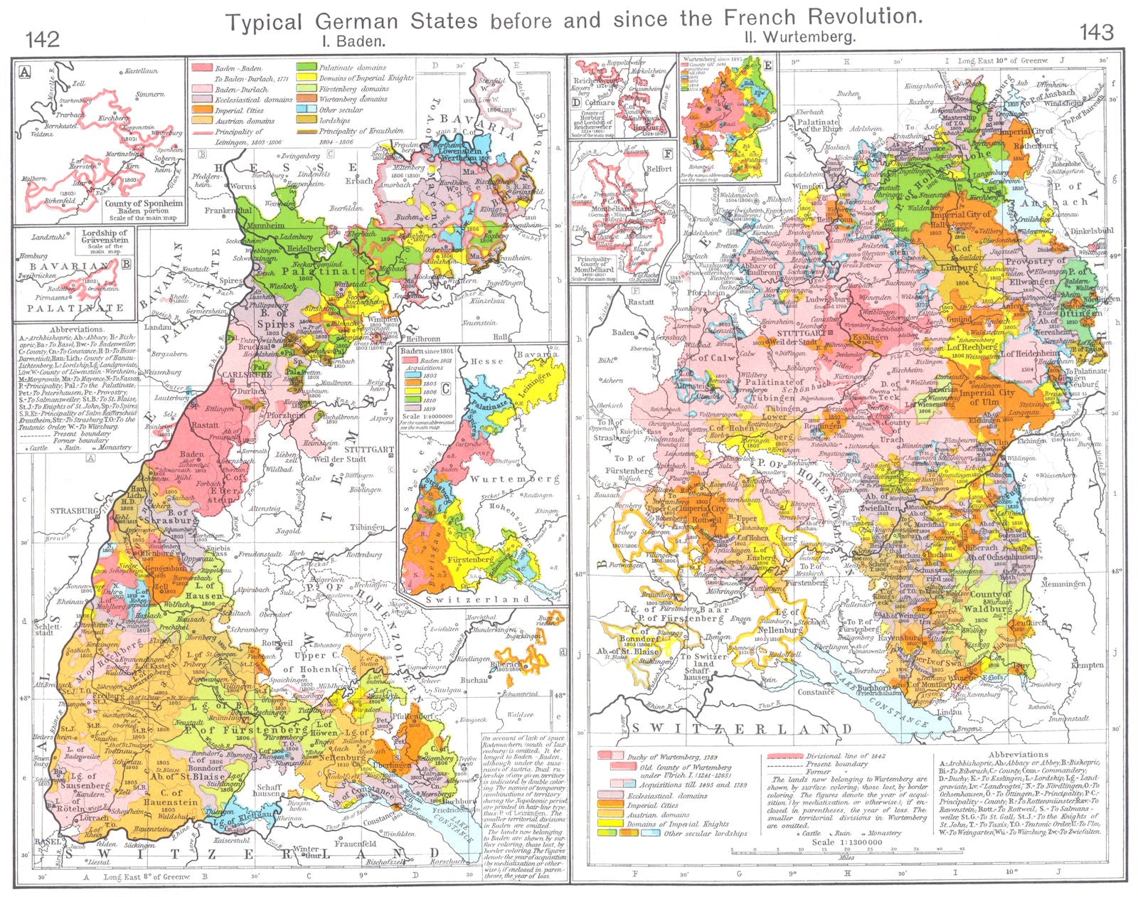 GERMAN STATES. Before post French Revolution. Baden; Württemberg 1956 old map